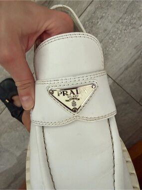 Prada White Leather chocolate  Logo Loafers - Women's
